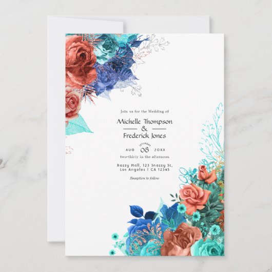 青王室の、ターコイズ、コーラルフローラ結婚ズ 招待状 (正面)