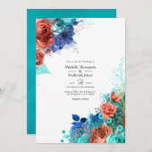 青王室の、ターコイズ、コーラルフローラ結婚ズ 招待状 (正面/裏面)