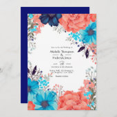 青王室の、ターコイズ、コーラルフローラ結婚ズ 招待状 (正面/裏面)