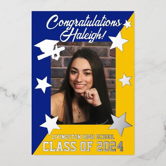 青王室の&金ゴールド斜め卒業シルバー 箔招待状 (正面)