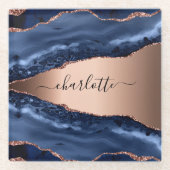 青瑪瑙大理石玫瑰金姓名手寫體 ガラスコースター (正面)