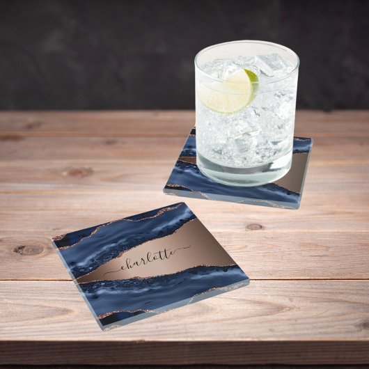 青瑪瑙大理石玫瑰金姓名手寫體 ガラスコースター