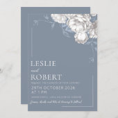 青白とグレーのエッチングフラワーのウェディング招待状 招待状 (正面/裏面)