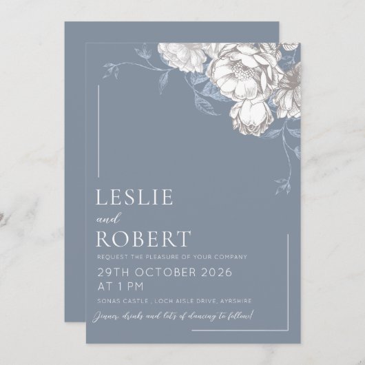 青白とグレーのエッチングフラワーの結婚式招待状 招待状 (正面/裏面)