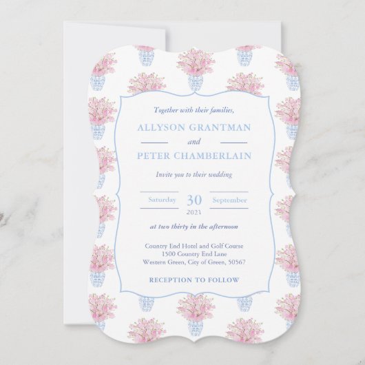 青白とピンク中国のの結婚陶器 招待状 (正面)