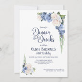 青白のバラの花のディナーとドリンクの誕生日 招待状 (正面)