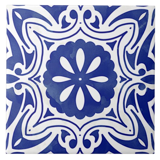 青白のメディテレニアン抽象花柄 タイル (正面)