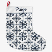青白の北欧スノーフレーク模様カスタム ラージクリスマスストッキング (正面)