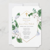 青白の春の花束 ゴールドの男の子の洗礼 招待状 (正面)