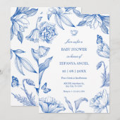 青白の花をあしらったエレガントなベビーシャワー 招待状 (正面/裏面)