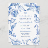青白の花をあしらった上品な誕生日 招待状 (正面/裏面)
