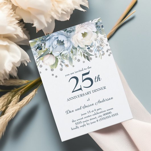 青白の花模様 シルバーグリッター 25周年記念 招待状