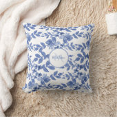 青白の花葉モノグラムパターン クッション (ブランケット)