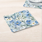 青白の花 水彩の上品さ スクエアペーパーコースター (アングル)
