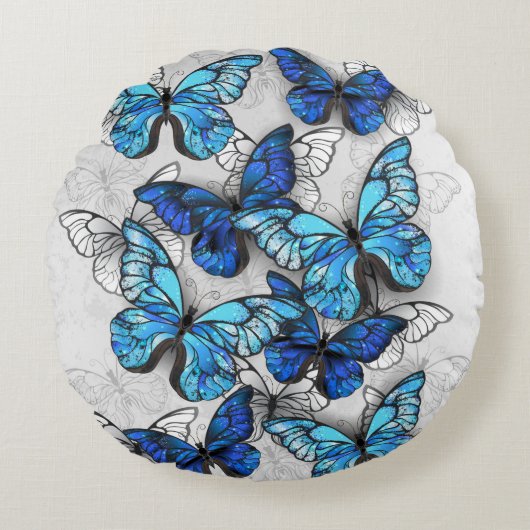 青白の蝶の構成 ラウンドクッション (正面)