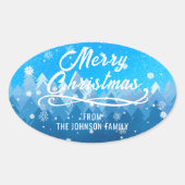 青白の雪に覆われた静かな森のクリスマス 楕円形シール (正面)