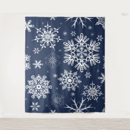 青白の雪の結晶パターンのクリスマス背景 タペストリー