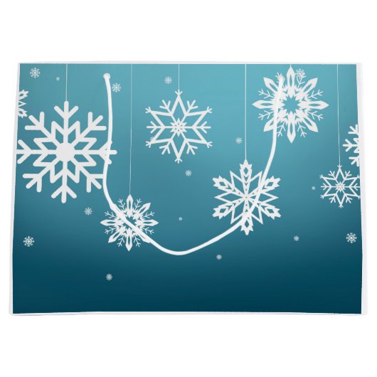 青白の雪の結晶パターン クリスマス ラージペーパーバッグ (正面)