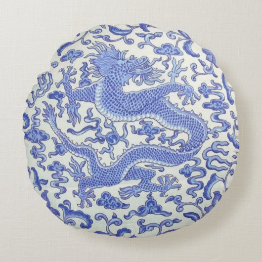 青白オリエンタル中国のドラゴンフローラ ラウンドクッション (正面)