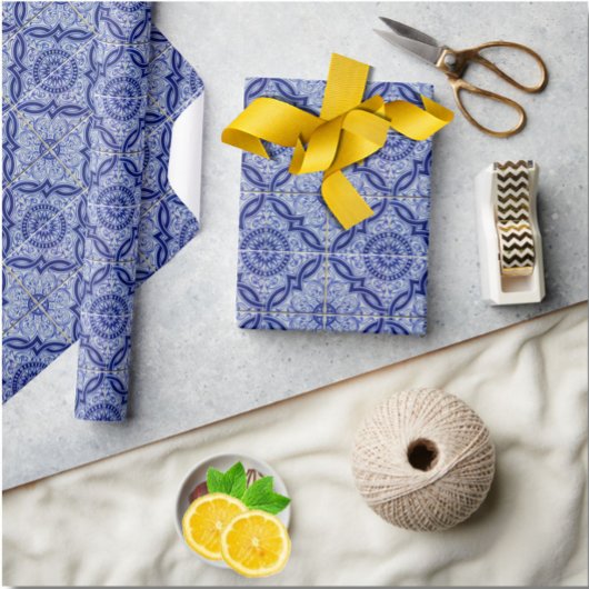 青白セラミック地中海のタイル模様 ラッピングペーパー