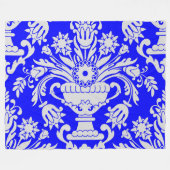 青白ダマスク花柄エレガント フリースブランケット (正面(横))