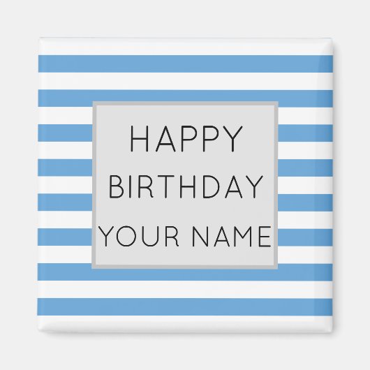 青白ハッピーバースデーストライプの陶磁器タイル マグネット (正面)