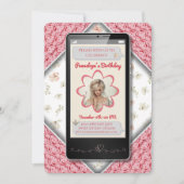 青白ピンクフローラ文字誕生日 招待状 (正面)