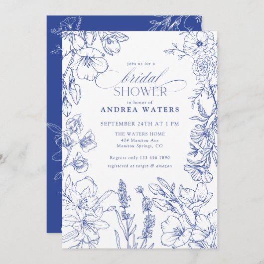 青白フローラブライダルシャワー 招待状 (正面/裏面)