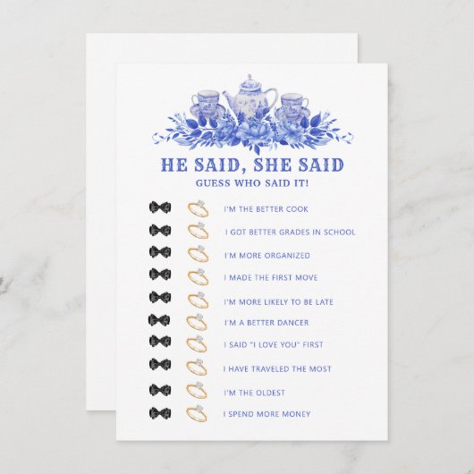 青白フローラ茶ブライダルシャワーゲームカード エンクロージャーカード (正面/裏面)