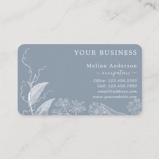 青白ボタニカルラインアートビジネスカード 名刺 (正面)