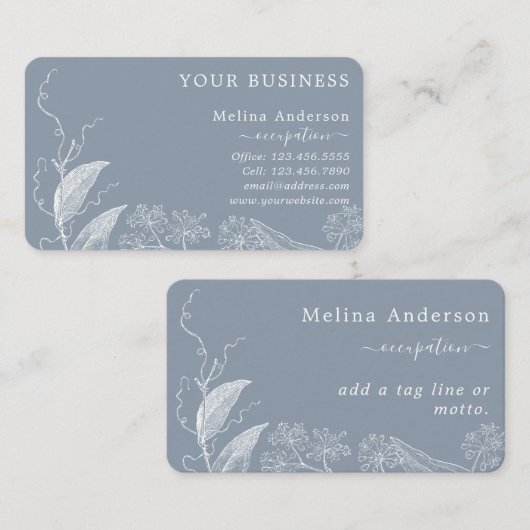 青白ボタニカルラインアートビジネスカード 名刺 (正面/裏面)