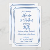 青白手引き詳細結婚Qrコード 招待状 (正面/裏面)