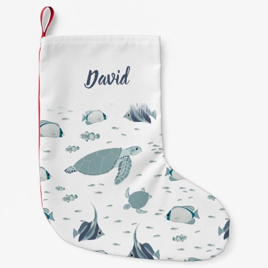青白海テーマウミガメと魚 スモールクリスマスストッキング (正面)