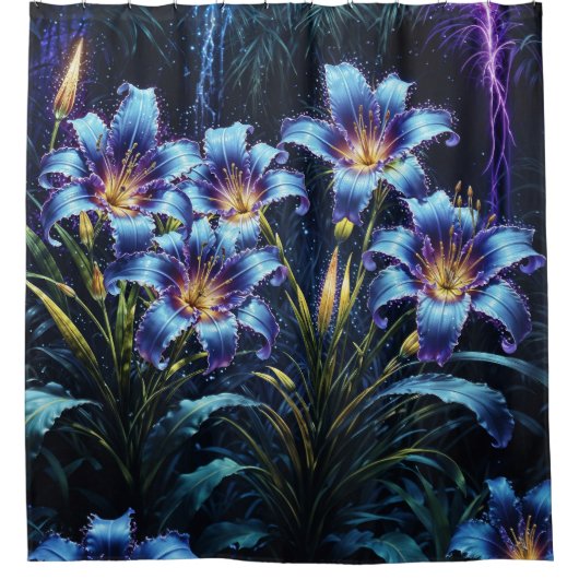 青白熱［赤熱］光を放つユリ夜のフローラ鮮やかファンタジー シャワーカーテン (正面)
