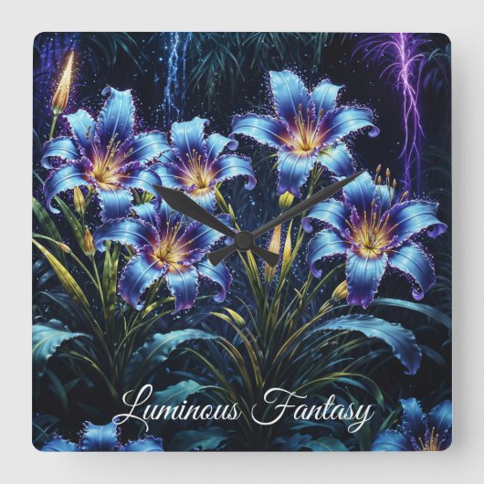 青白熱［赤熱］光を放つユリ夜のフローラ鮮やかファンタジー スクエア壁時計 (正面)