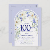 青白花柄ボーホーアーチ100歳誕生日パーティー ポストカード (正面/裏面)