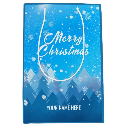 青白雪平和な森のクリスマス新年 ミディアムペーパーバッグ (正面)