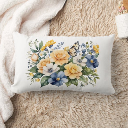 青白黄色の花と蝶の水彩ギフト ランバークッション (ブランケット)
