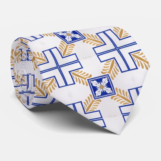 青白黄色アズレホ ポルトガル タイル パターン ネクタイ (ロール)