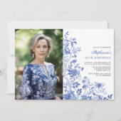 青白Chinoiserie女性40th誕生日の写真 招待状 (正面)