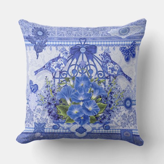 青磁鳥と鳥かご クッション (正面)