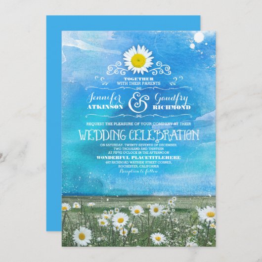 青空と夏の牧草地のデイジー結婚式の招待 招待状 (正面/裏面)