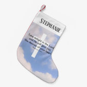 青空と白のクロスキリスト教の聖書聖句 スモールクリスマスストッキング (正面 (吊り時))