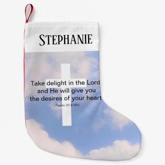青空と白のクロスキリスト教の聖書聖句 スモールクリスマスストッキング (正面)