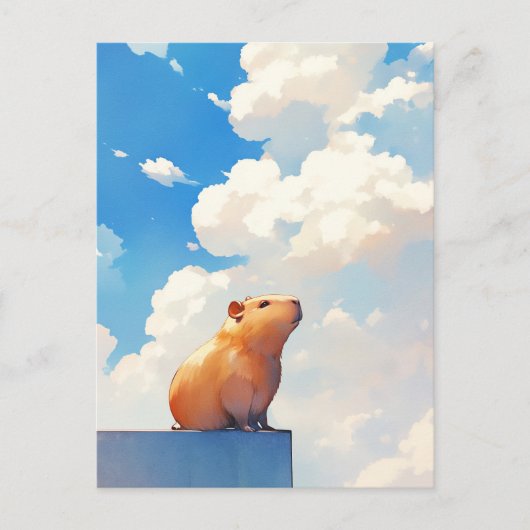 青空と白雲の下に座るカピバラ ポストカード (正面)