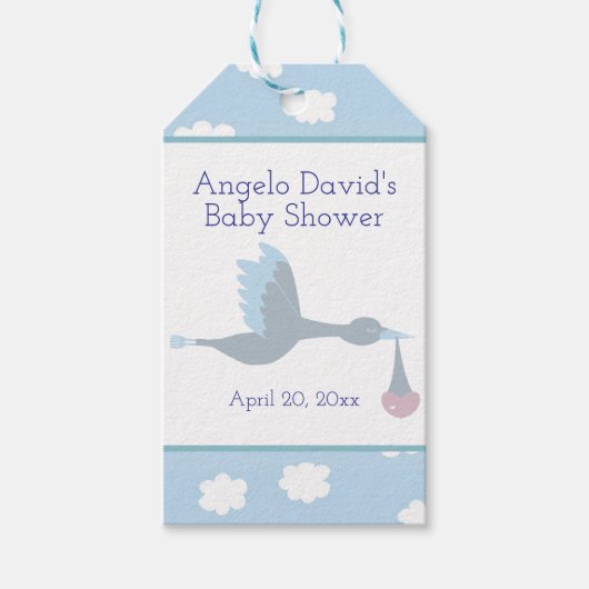青空と雲の赤ちゃんシャワー少年コウノトリ ギフトタグ (正面)
