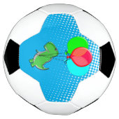 青空に吹き飛んでいる出しがついたかわいいTレックス サッカーボール (回転)