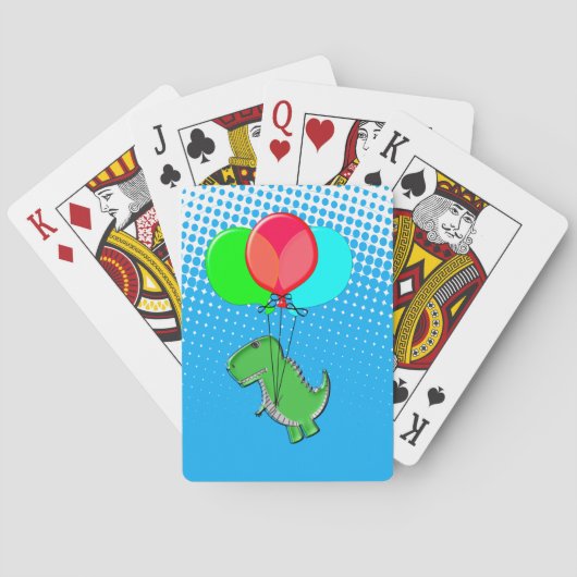 青空に吹き飛んでいる出しがついたかわいいTレックス トランプ (裏面)