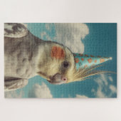 青空に浮かぶ誕生日帽のオカメインコ ジグソーパズル (横)
