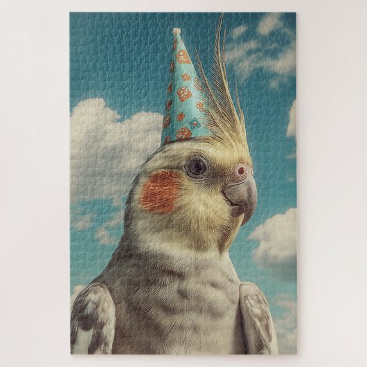 青空に浮かぶ誕生日帽のオカメインコ ジグソーパズル (縦)
